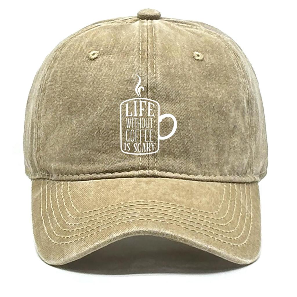 LIFE WITHOUT COFFEE IS SCARY" Print Adjustable Baseball Cap, Flat Cap Breathable Headwear Curved Brim Inelastic Snapback Baseball Hat