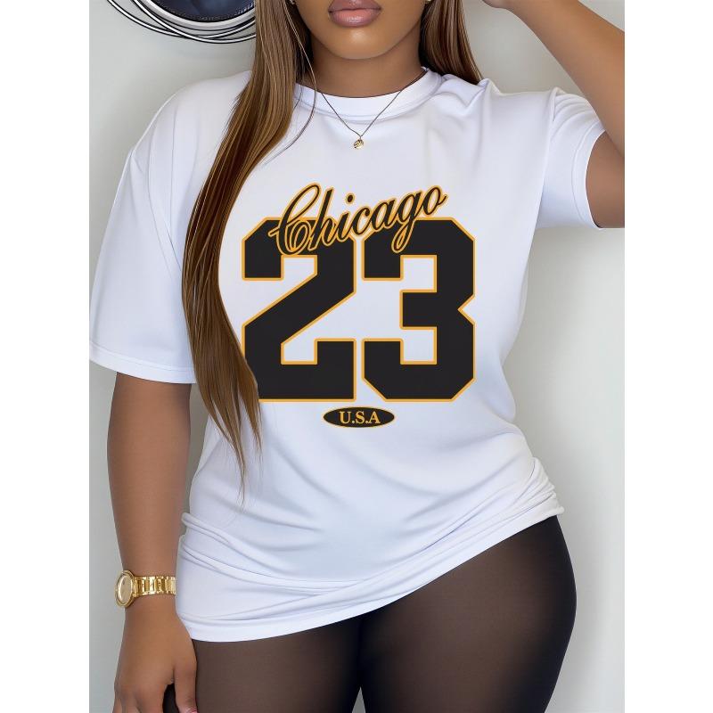 T-Shirt con Fantasia Taglia Europea 23 per Donna | Vestibilità Larga Streetwear, Traspirante per Uso Quotidiano, Moda Città Americana Chicago, Fantasia Geometrica Estiva