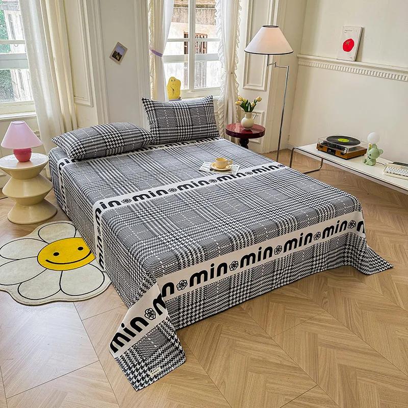 Simple Black White Checkered Pattern Bed Sheet Set 100% Cotton Skin-friendly Breathable Thicken Flat Sheet with 2 Pillowcases