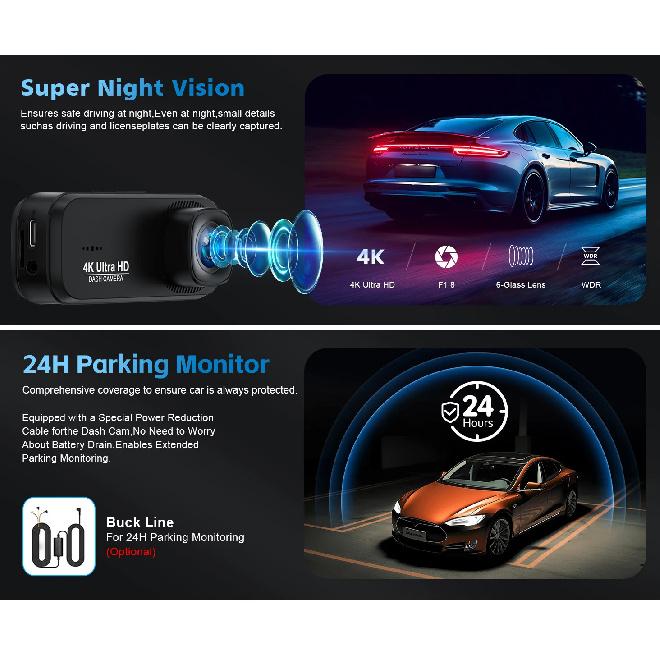 Soam Dash Cam Front and Rear 4K/1080P,Dash Camera for Cars Build in WiFi,24H Parking Mode,Night Vision,WDR,170°,G-Sensor,App