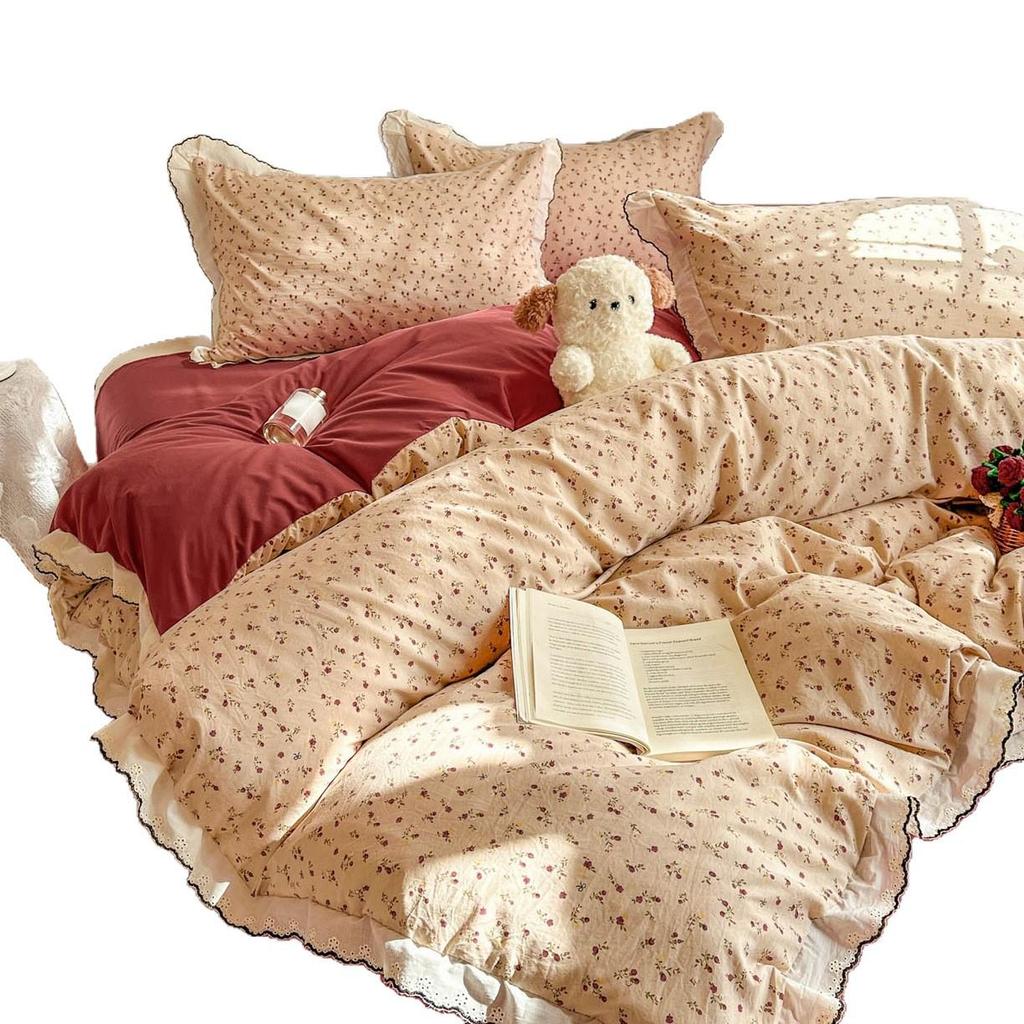 Spring/Summer Washed Cotton Lace 4-Piece Set - Retro French Princess Style for Student Dormitories
