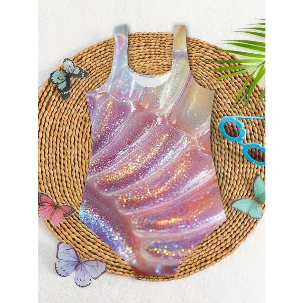Girls One Piece Swimsuit Cute Cartoon Colorful Ice Cream Print Sleeveless Swimwear Kids Summer Beach Bathing Suit 100