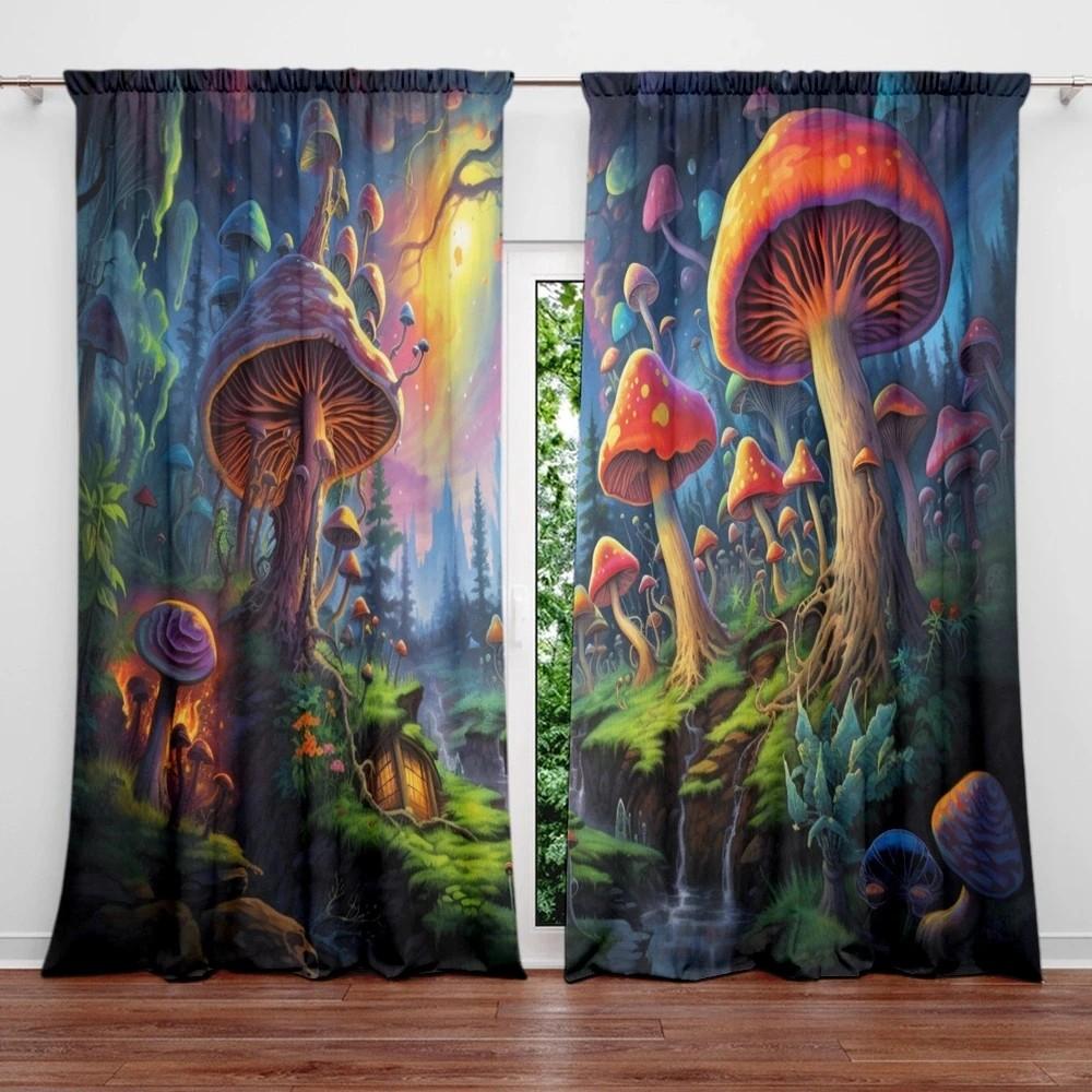 JIT 2pcs Vivid Mushroom Curtains  Forest Design  Room Darkening  Polyester  Home Decor  Rod Pocket for Holiday Windows