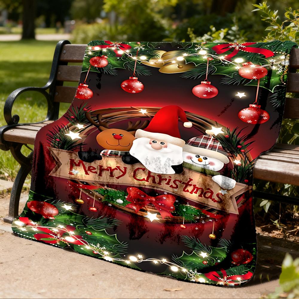 1pc Christmas wreath Outdoor Flannel Blanket , Machine Washable Perfect Gift for Birthday , Holiday Travel Accessory , Durable Material