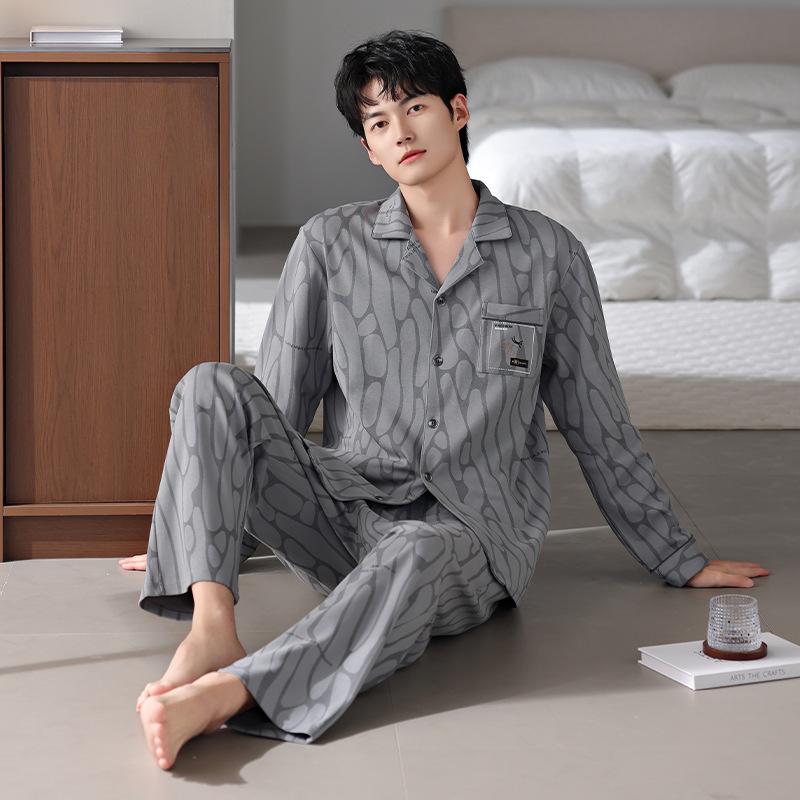Men'S Pajamas Men'S Spring And Autumn Models, Pure Cotton Long-Sleeved Men'S Autumn Cotton Loungewear Set