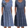 Women's Floral Print Tunic Shirt Dress Short Sleeve Crew Neck Pleated Midi Dress with Pockets Summer Boho Swing Sundress