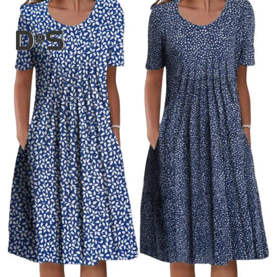 Women's Floral Print Tunic Shirt Dress Short Sleeve Crew Neck Pleated Midi Dress with Pockets Summer Boho Swing Sundress