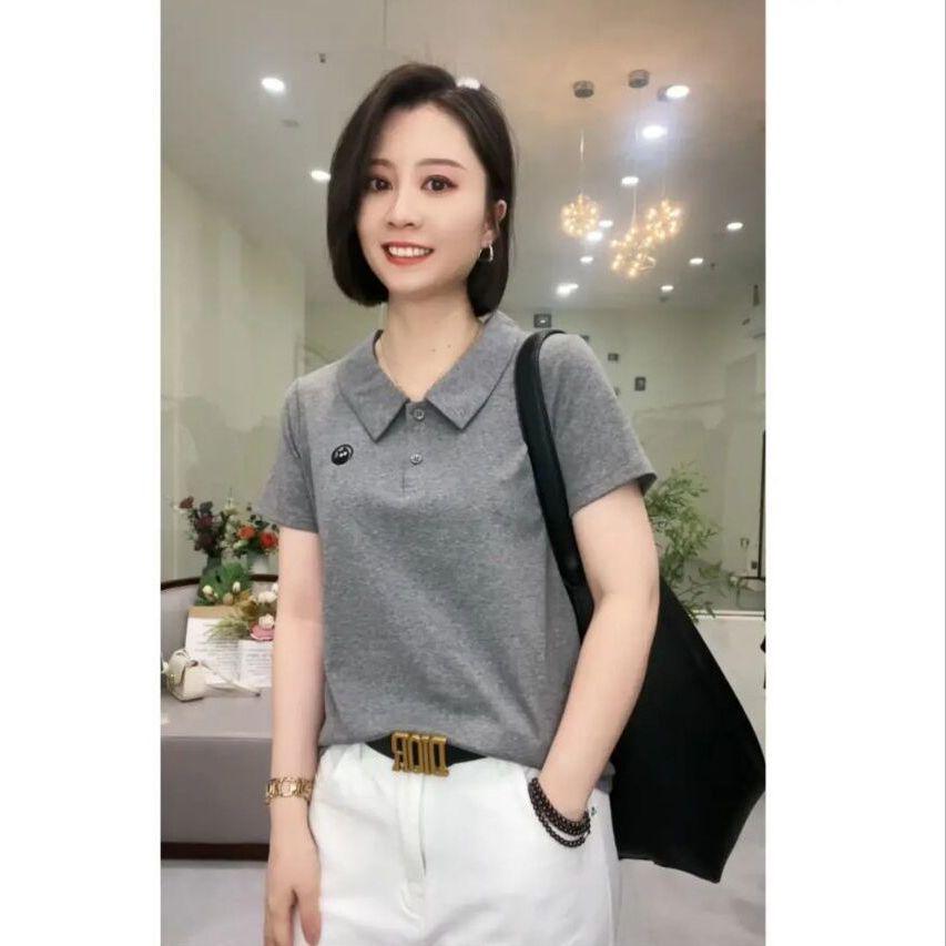 

Женская летняя хлопковая футболка премиум-класса с воротником Питер Пэн - Стильная, Повседневная, Приталенная, Молодящая блузка 4XL (130-140 jin) серый