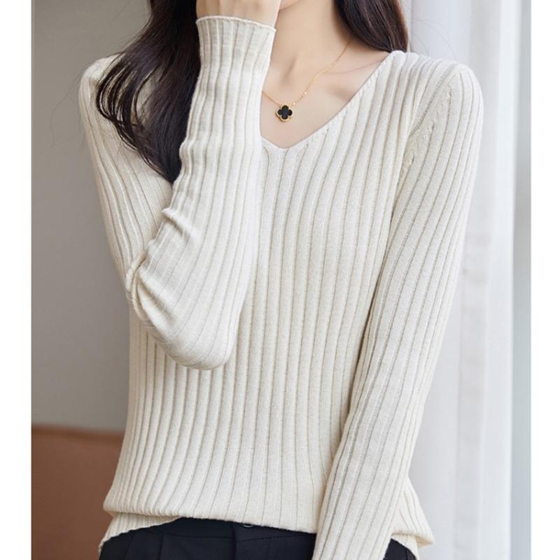 Autumn New Long Sleeve Casual Knitted Base Sweater Women Winter Solid Elegant V-neck Pullover Women Sweaters Slim Fit Fashion Office Lady Jumper 25033