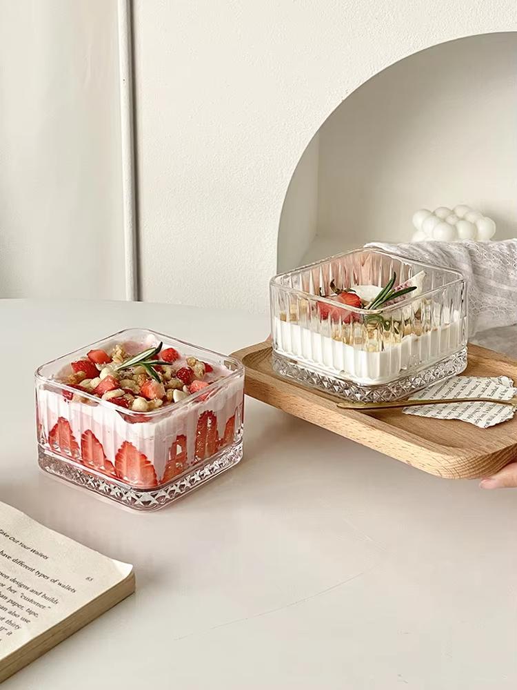 Retro Checkered Ice Cream Bowl Square-shaped Glass Bowl Desserts Fruits Cereal Breakfast Small Salad Bowl Home Kitchen Tableware