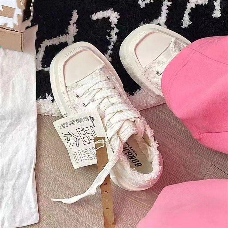 Meilaide Women's Square-Toe Canvas Shoes, Thick-Soled, Spring 2025 Hong Kong Style, Versatile Little White Casual Shoes