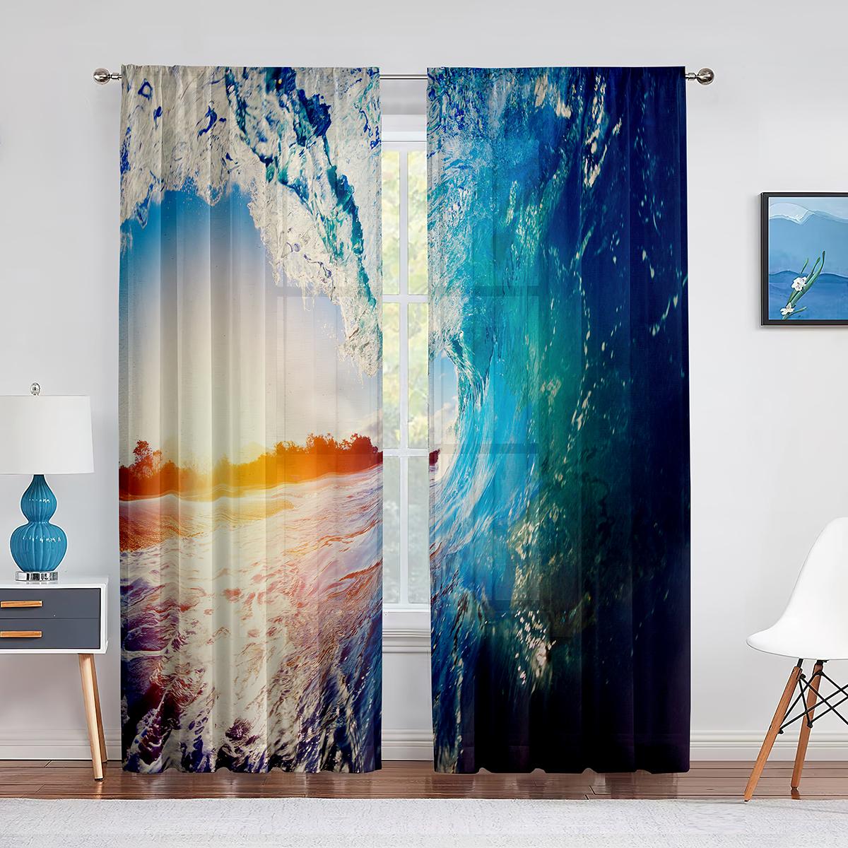 

Океанский пляж прозрачная вуаль занавеска волны на морском песке пейзаж шифон тюль окна занавеска для спальни гостиная кухня декор 1 PCS W100XH250cm&Grommet Top