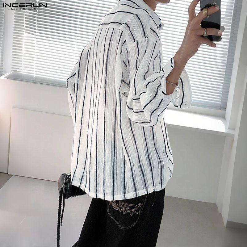 INCERUN Oversized Men Long Sleeve Lapel Striped Hollow Webbing Casual Loose Tops Shirts