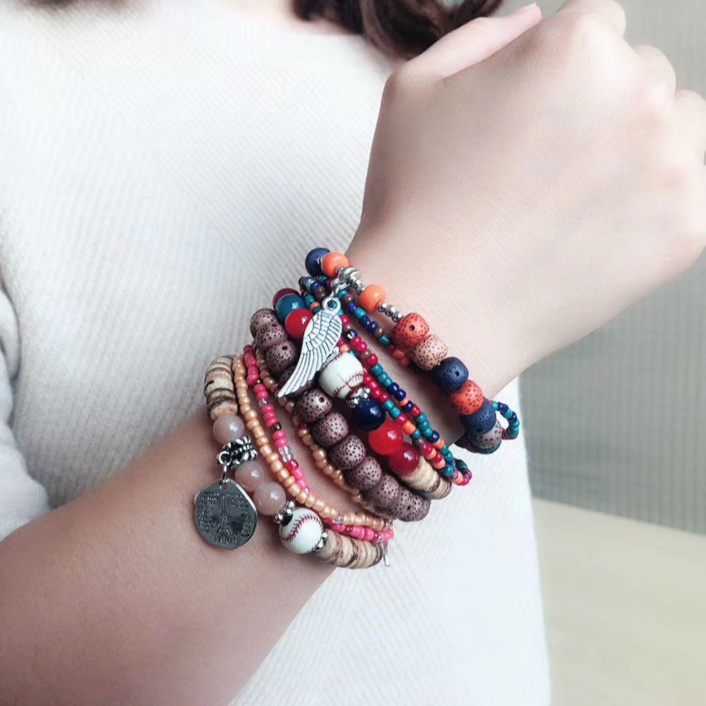 Bohemski Retro Etniczny Wielowarstwowy Ręcznie Robiony Bransoletka z Koralików Ryżowych dla Kobiet