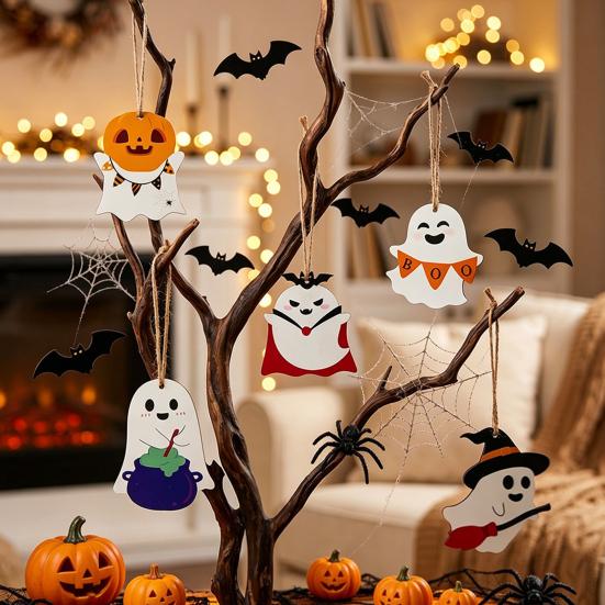 Halloween Wall Ornaments Ghost Wooden Hanging Sign with Hemp Rope, Cute Holiday Pendants for Home Party Decorations