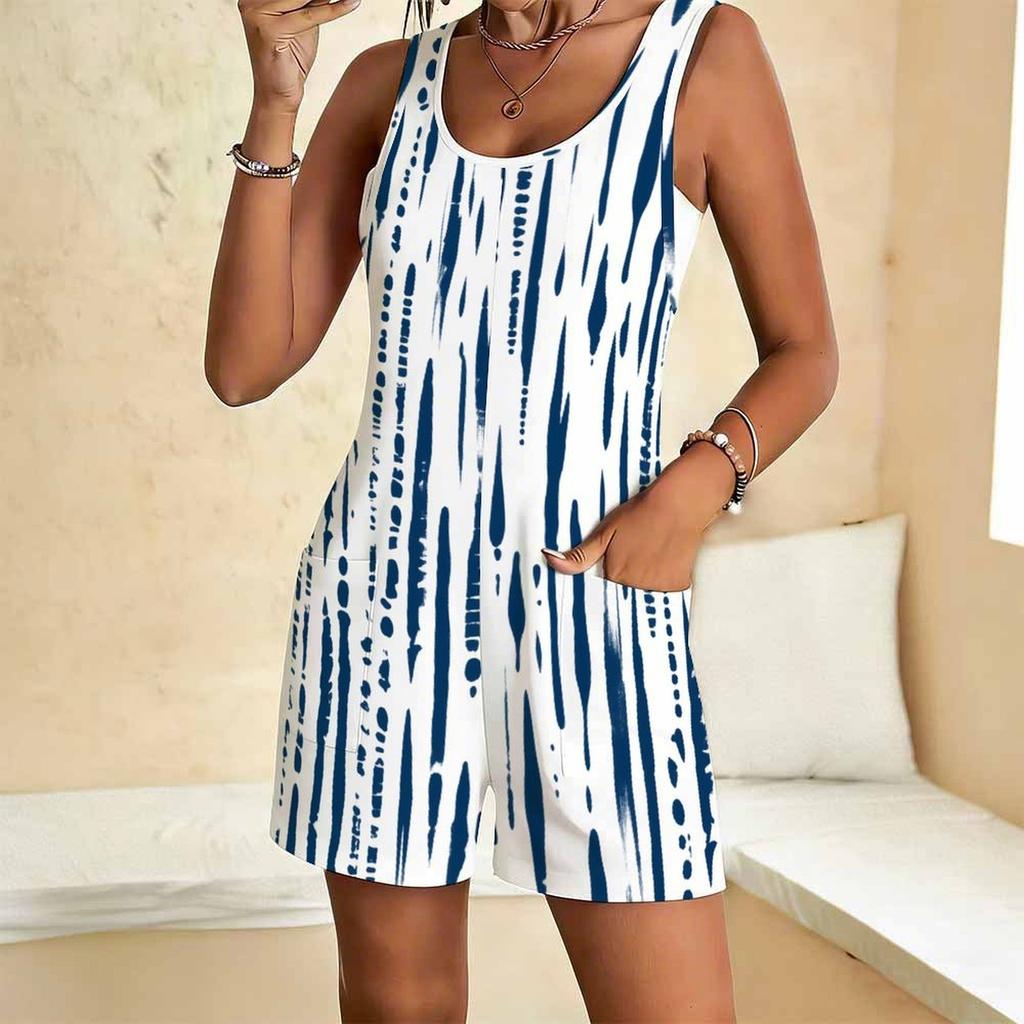 Women Plus Size Scoop Neck Sleeveless Blue White Printed Loose Romper With Patch Pockets