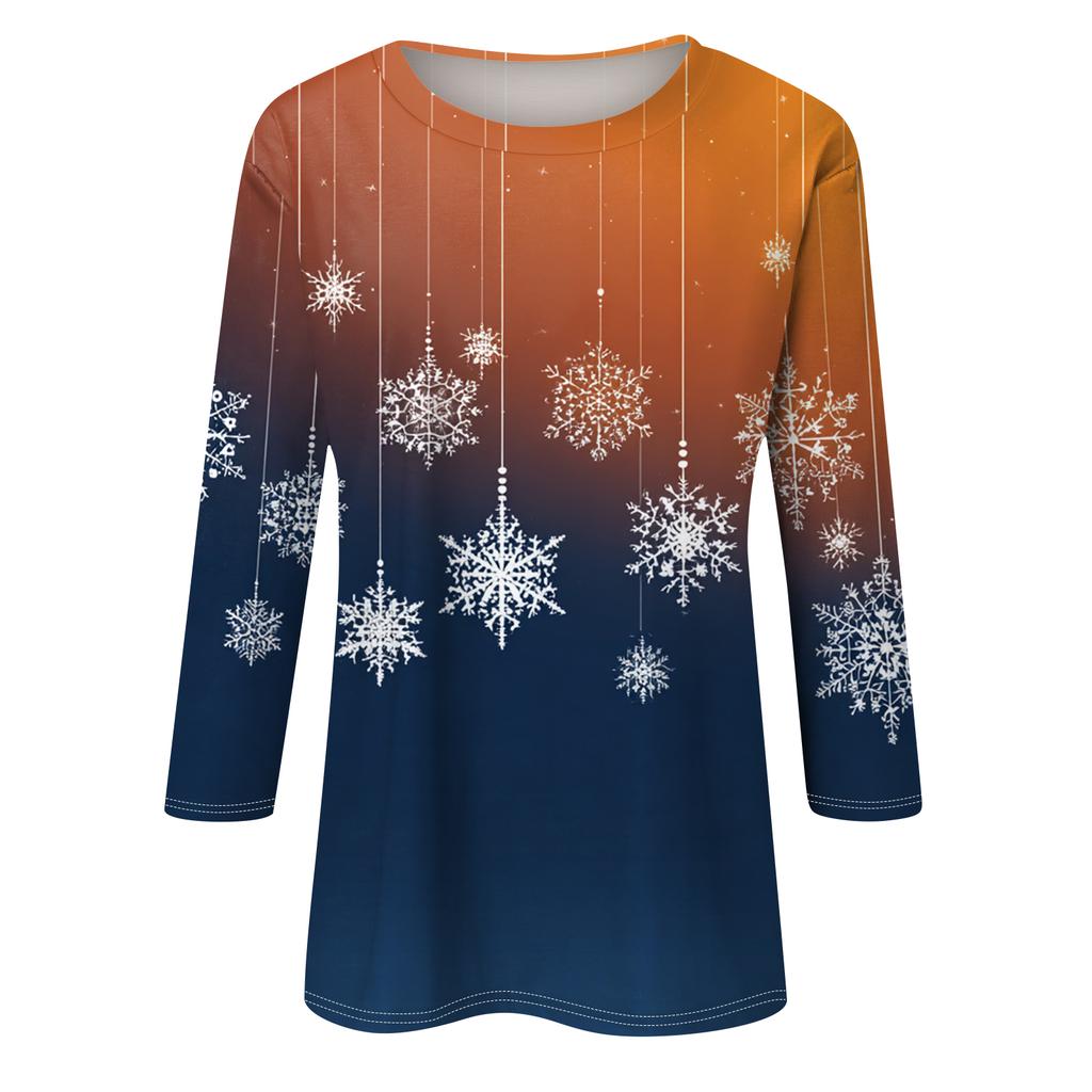 Lässiges Damen-T-Shirt mit Rundhalsausschnitt, Dreiviertelärmeln und Weihnachtsmotiv