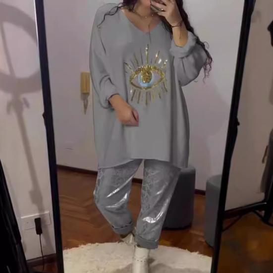 

2 шт./комплект женский футболка шорты комплект пайетки узор глаз длинные рукава О-образный вырез топ высокая талия S чёрный