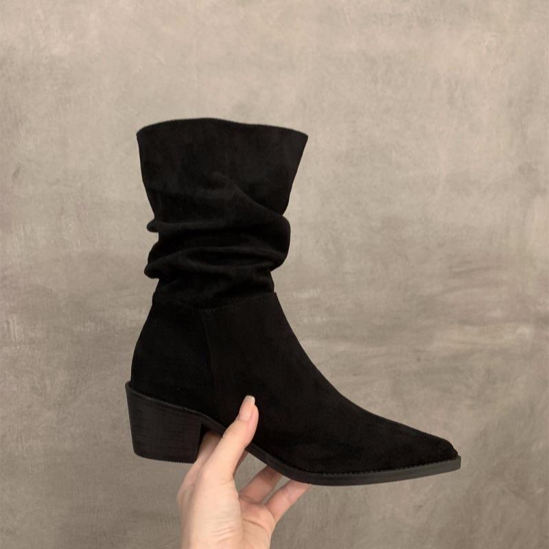 High Heel Pointed Suede Khaki Thin French Small Short Boots Women's Shoes 2025 New Stacking Boots Spring and Autumn Single Boots