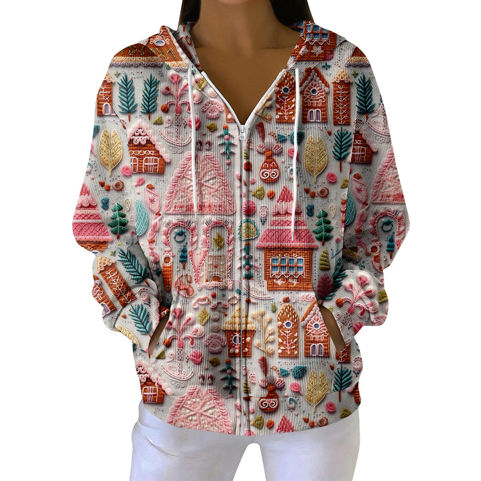 

Women s Casual Fashion Long-Sleeved Zip-Up Christmas Print Knitted Hoodie XXL
