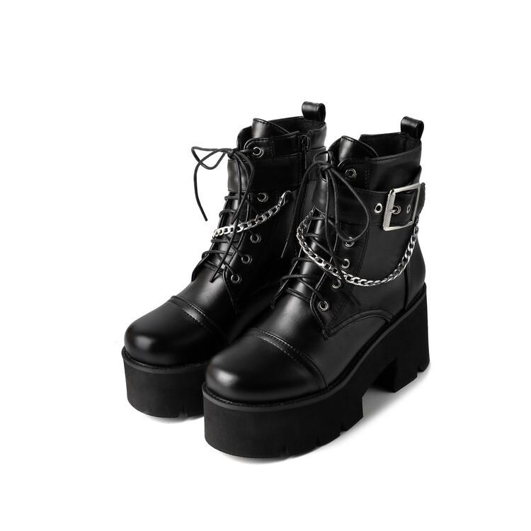 Europe, America, Autumn and Winter New Thick Heel Side Zipper Thick Bottom Fashion Rivet Belt Buckle Muffin Women's Chain Martin Boots