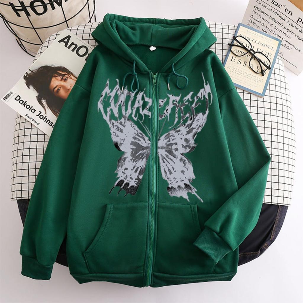 Women's Hooded Zip Up Loose Fit Long Sleeve Printed Butterfly Casual Cardigan Sweatshirt Jacket