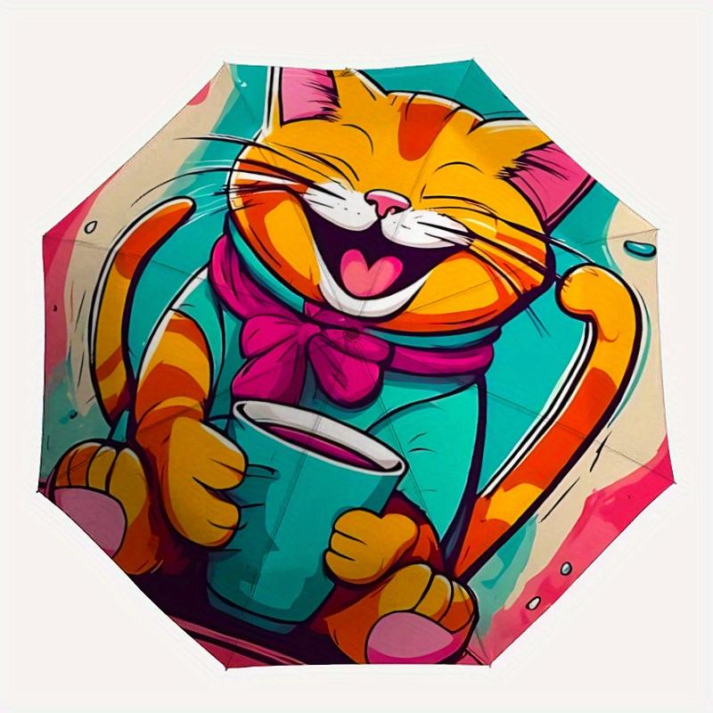 

1pc Cat Coffee Automatic Open/Close, Foldable Compact Umbrella with 8-Rib Shaft, Perfect Gift For Men And Women 092