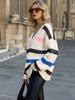 European & American Autumn/Winter V-Neck Striped Sweater - Women's Loose Fit, Long Sleeve, Mid-Length