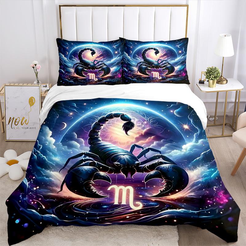 3pcs Scorpio Zodiac Sign Comforter Set with Two Pillowcases (No Core), Home Decor, Festival Gift, Polyester Fabric, Anime Cartoon Design