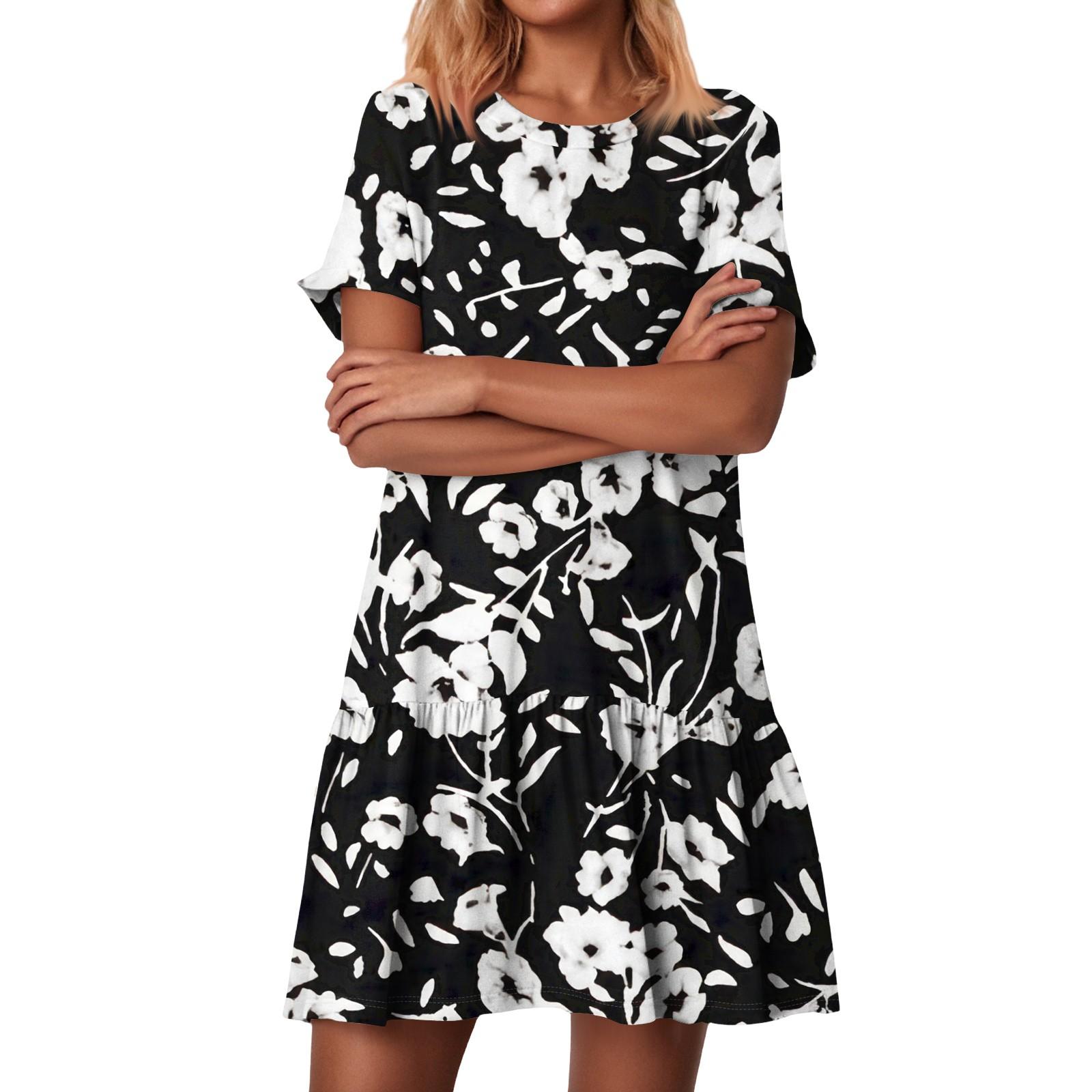 

Women s Fashion Casual Round Neck Short Sleeve Ruffled Vintage Printed Dresses XL Темно-синій