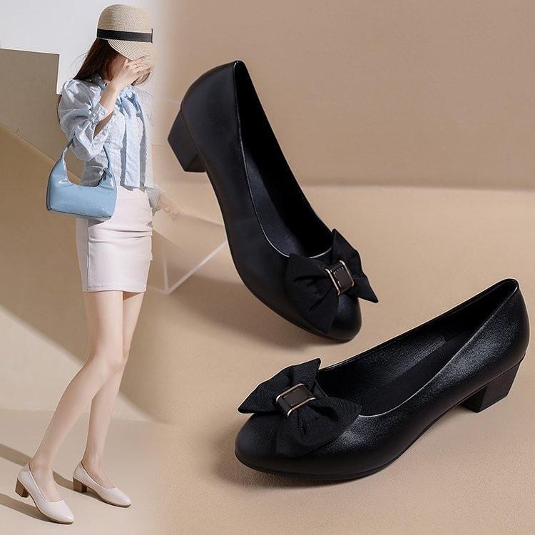 French evening wind single shoes thick heel new autumn soft-soled bow light mouth gentle wind Doudou shoes