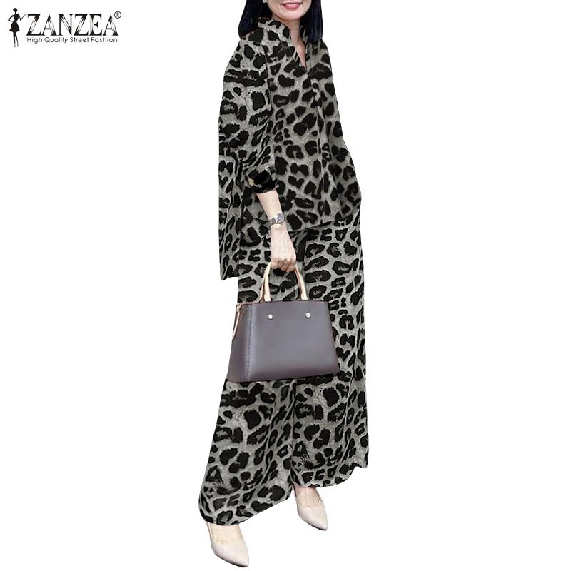 ZANZEA Bluză cu mâneci lungi și pantaloni pentru femei, seturi casual din două piese cu imprimeu leopard