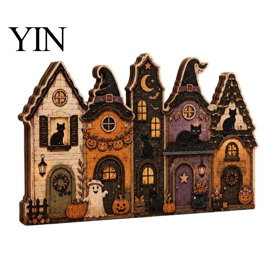Rustikální podzimní středové dekorace stolu Halloween Retro strašidelná vesnice Dřevěná dekorace na stolní desku, Podzimní statek Čarodějnice Americký venkovský styl Figurky