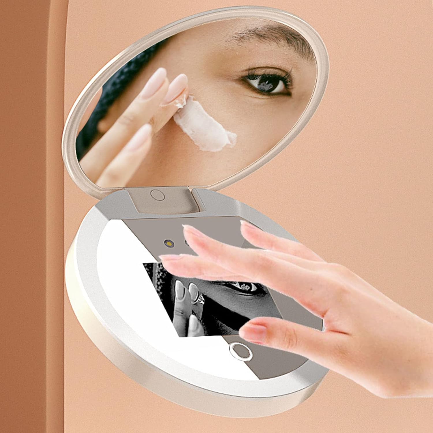 

Travel Makeup Mirror with Camera for Sunscreen Test, 2X Magnification HD Screen 97mm 3.5inch, LED Light On Screen Buttons Control Brightness