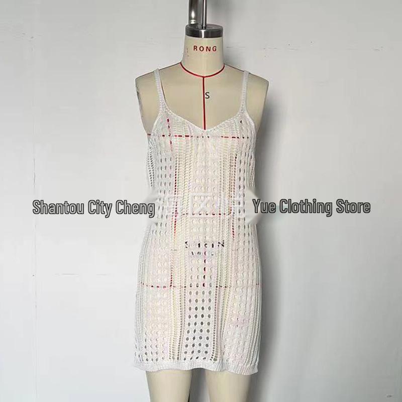 European and American Women's See-Through Spaghetti Strap Knit Beach Dress