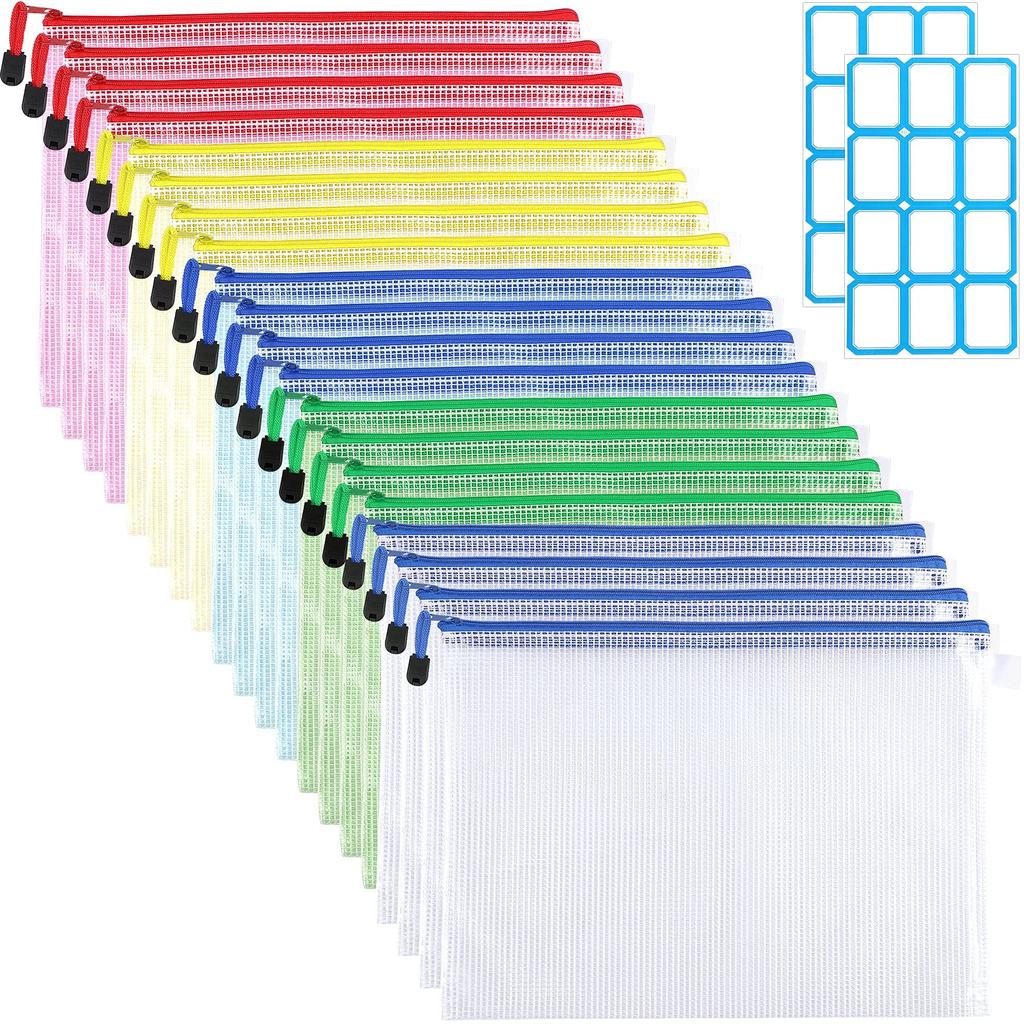 SANNIX Zipper File A4 Mesh 5 with Label for Receipt Office and 20-Pack Bags, Cases, Colors, Waterproof, Stickers, Files, Supplies, Organization,