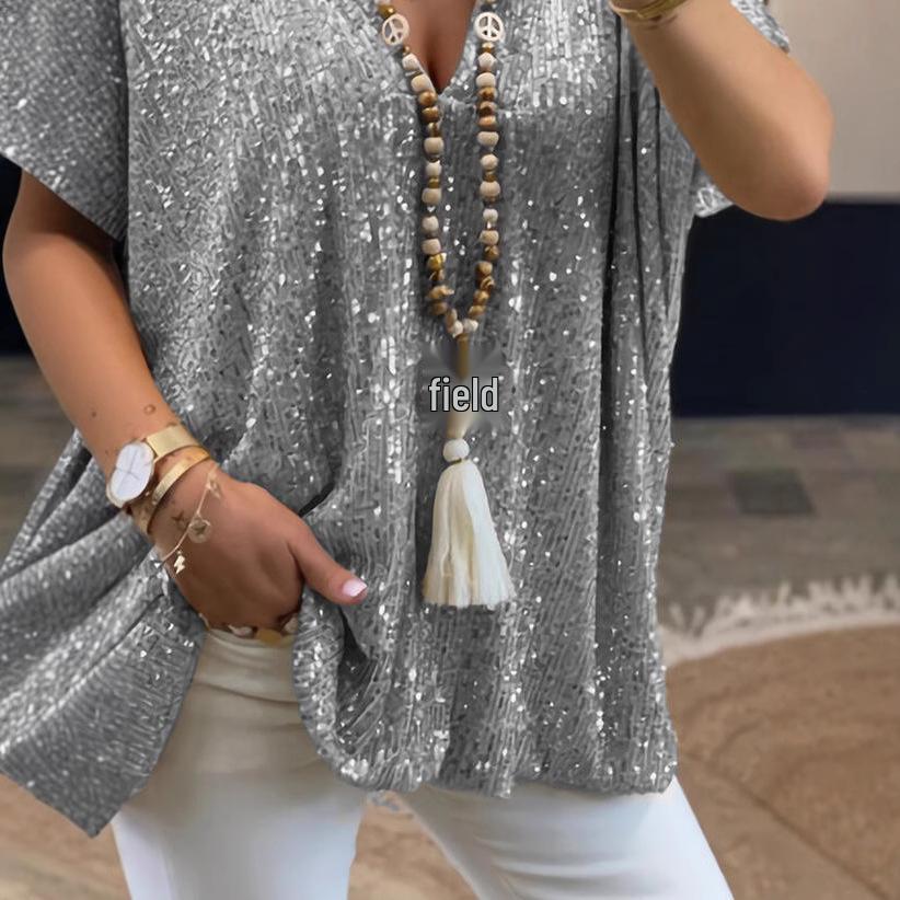 In Stock! 2021 Women's Summer Casual Loose Fit Sequin T-Shirt, Solid Color Short Sleeve Pullover