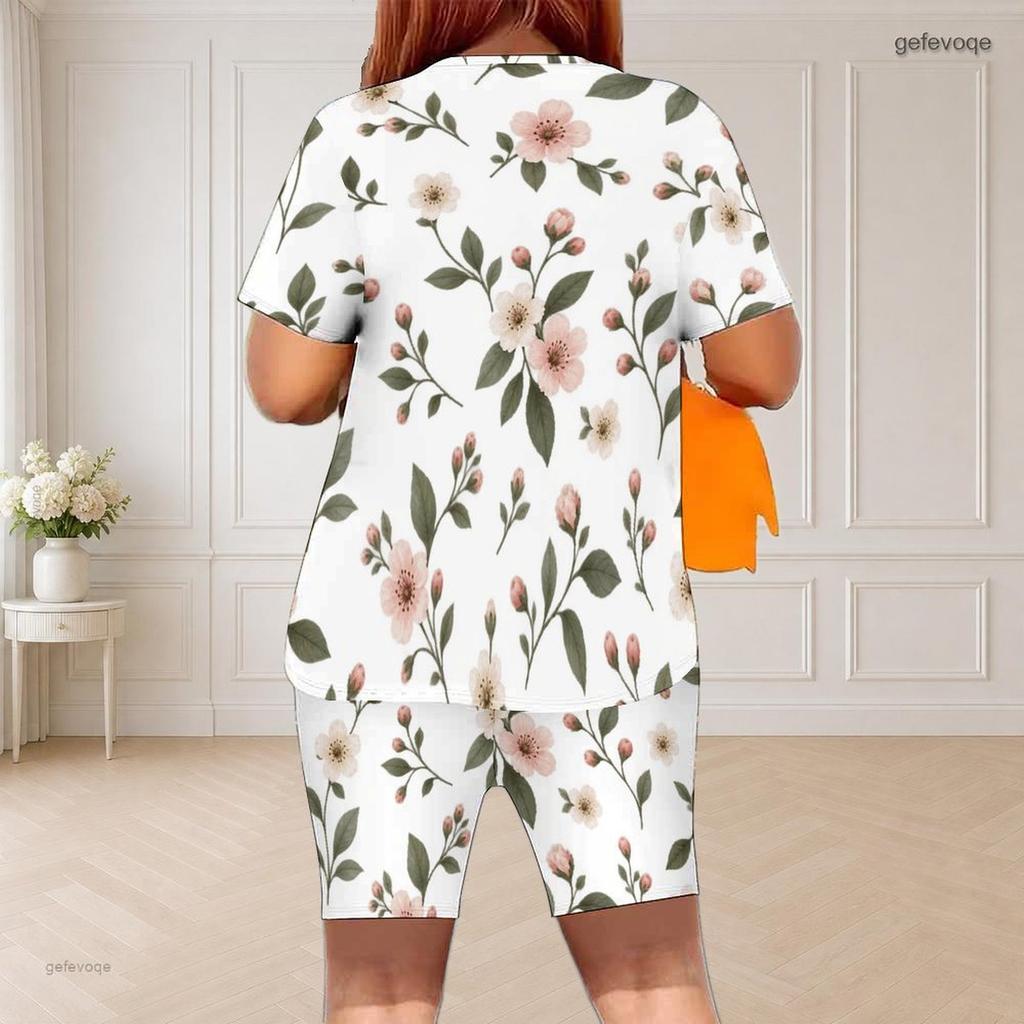 Women Plus Size Round Neck Short Sleeve Floral Printed White Two Piece Fitted Shorts Set