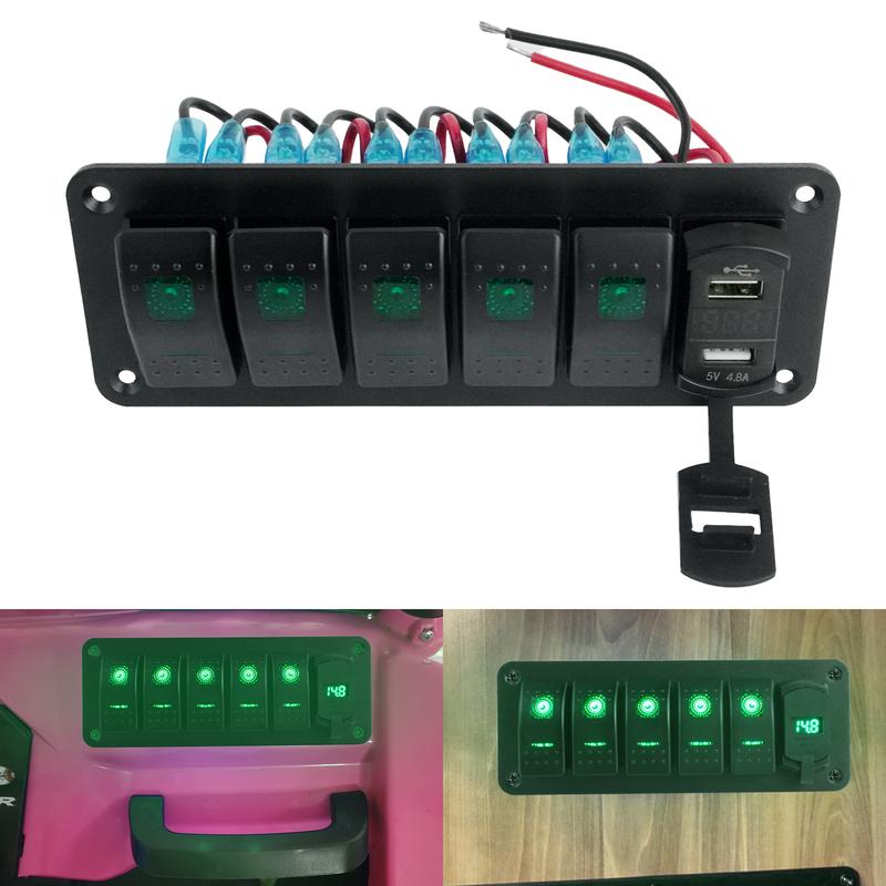 5 Gang Green LED 12V/20A 24V/10A Toggle Rocker Switch Panel W/ Dual USB Charger ON/OFF For Car Marine Boat Camper Van RV