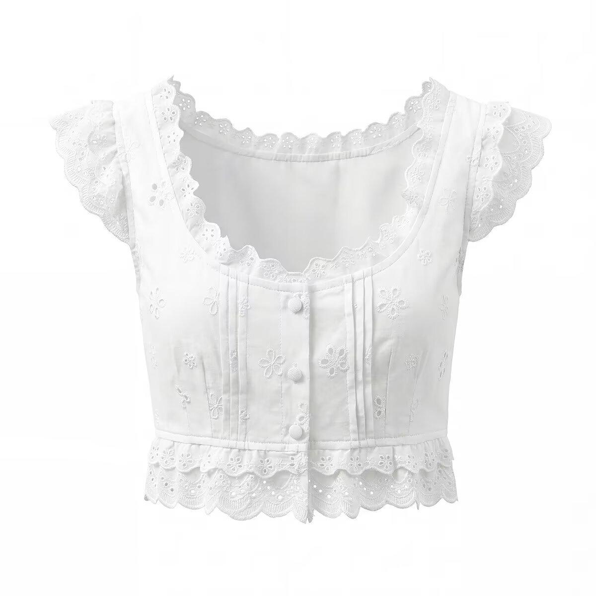 European and American style, new women s clothing, hollow embroidered lace short top, waist hollow embroidered short skirt S