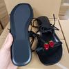 Fashion Fashion Crystal Strawberry Embellish Women Flats Sandals 2025 Summer Narrow Band Lace-up Beach Slides Casual Sandals Shoes