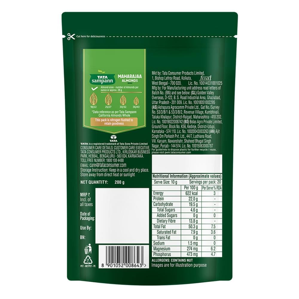 TATA Sampann Maharajaa Almonds Whole 200g Bigger & Bolder Premium Badam Rich In Protein Magnesium Phosphorus Perfect for Healthy Snacking
