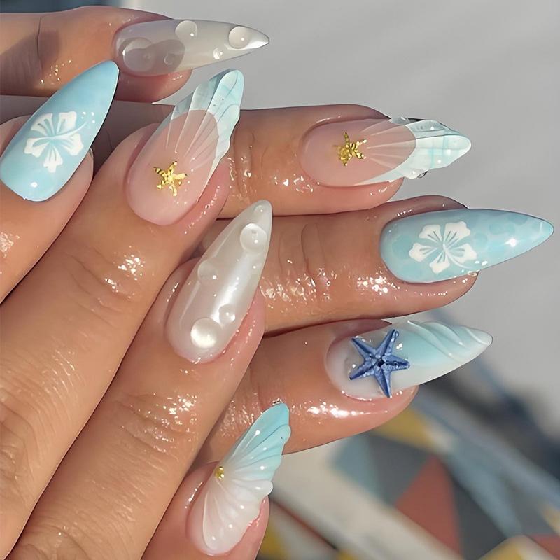 24PCS Blue Beach Gradient French Stick on False Nails 3D Shell Seastar Design Almond Fake Nails with Pearl Acrylic Nail Wearable