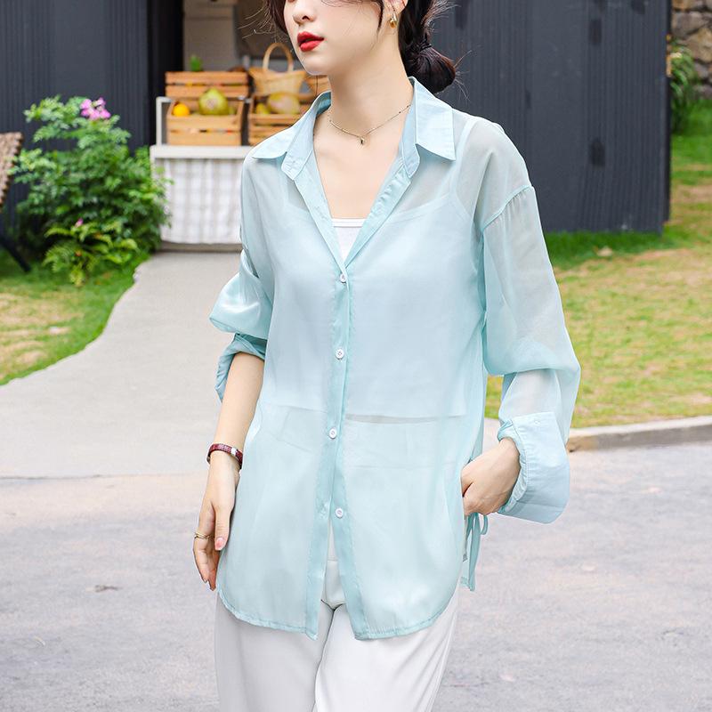 GMXIA Women's Shirt Summer Thin Cardigan Loose Shirt Jacket Ice Silk Sunscreen Clothing Top Long-sleeved Sun Shirt Tide