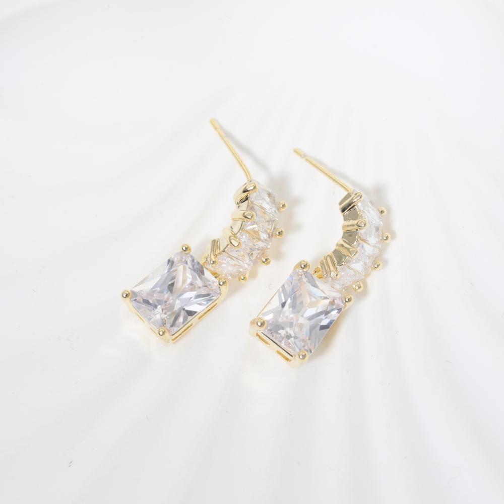 Golden Plated Copper Earrings with Clear Square Zirconia for Women Jewelry
