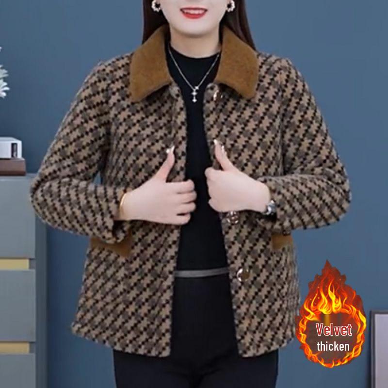 

Plaid Square Neck Autumn & Winter Coat for Stylish Mature Women XL кофейный
