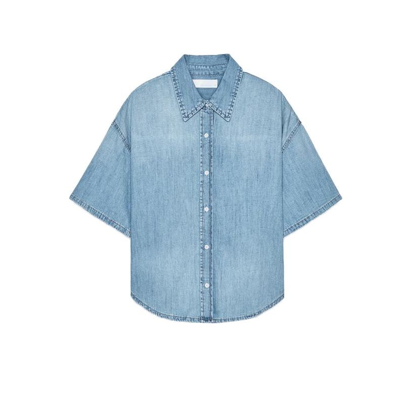 

Summer New Product Women s Clothes French Style Single Row Multi-Buckle Lapel Basic T-shirt Shory Style Denim Shirt 0250061 Light Blue L