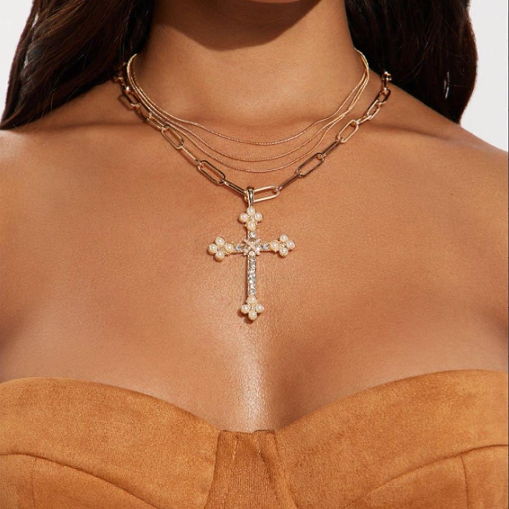 Geometric Cross Pendant Necklace For Women With Multi Layer Design And Zinc Alloy Material