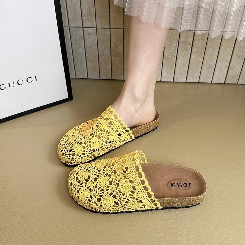 Baotou Half Slippers Women's 2025 New Flat Bottom Hollow One Pedal Women's Fashion Half-support Single Shoes Square Head Slippers