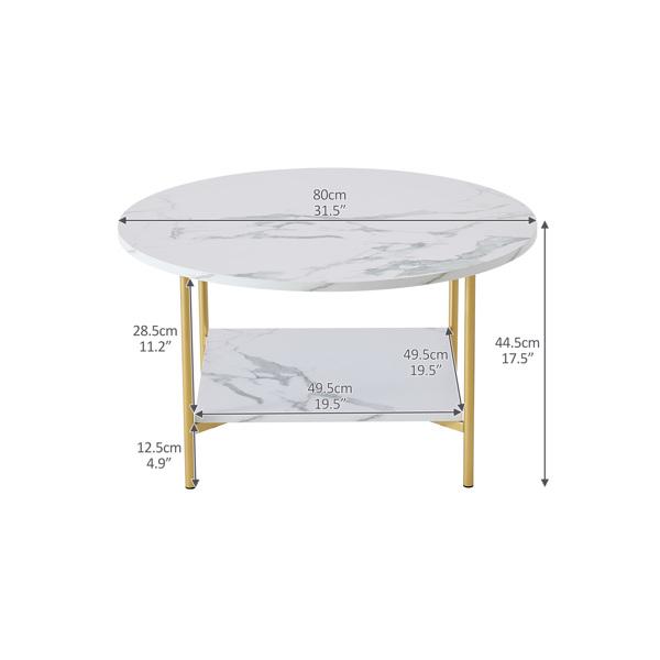 Moderner runder Couchtisch mit Stauraum, goldenes Metallgestell mit marmorfarbener Platte – 31,5 Zoll